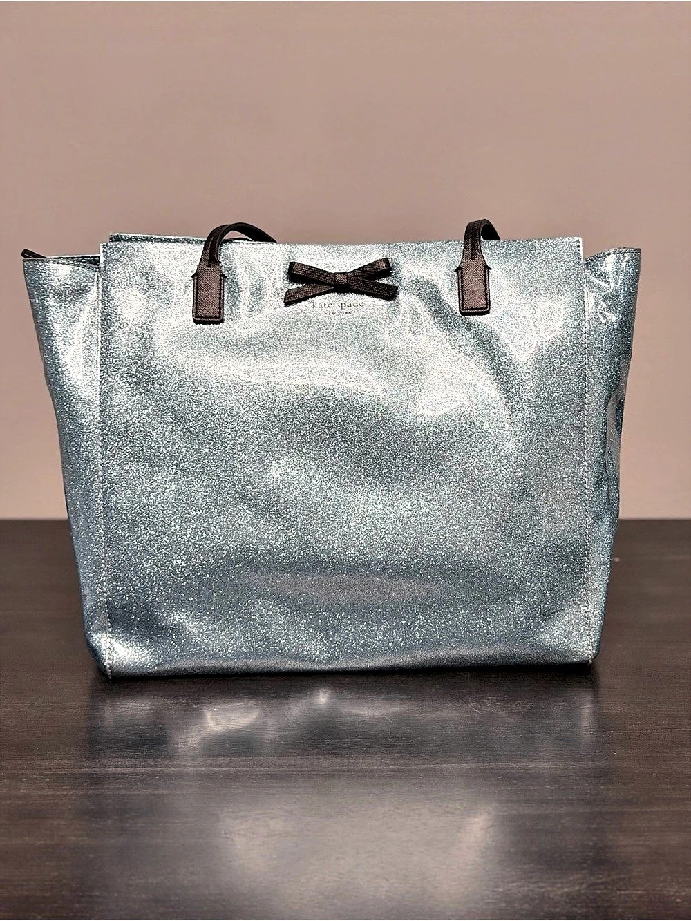 Kate Spade New York Icy Blue Glitter Black Bow Shoulder Bag Coquette